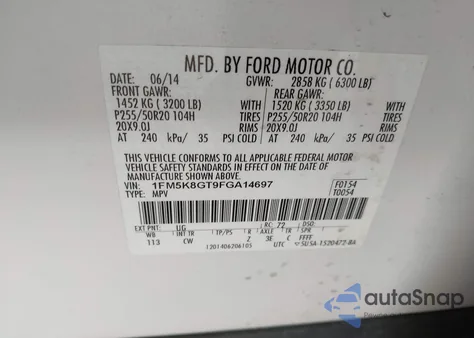 2015 Ford Explorer Sport из США, поврежденный, VIN 1FM5K8GT9FGA14697